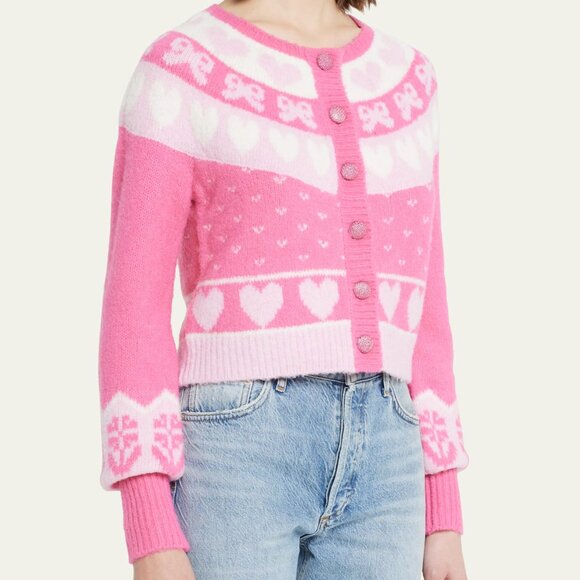 LoveShackFancy Dimples Crop Cardigan Dainty Cute Jacquared Pink Hearts Ribbons M - Picture 4 of 13
